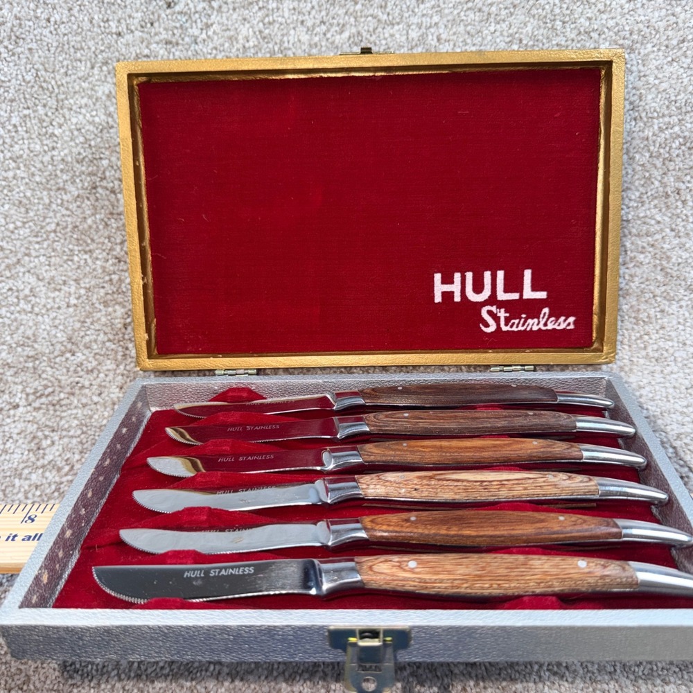 Vintage Hull Stainless Steak Knife Set 6pc Faux Wood Grain Handles Japan Case